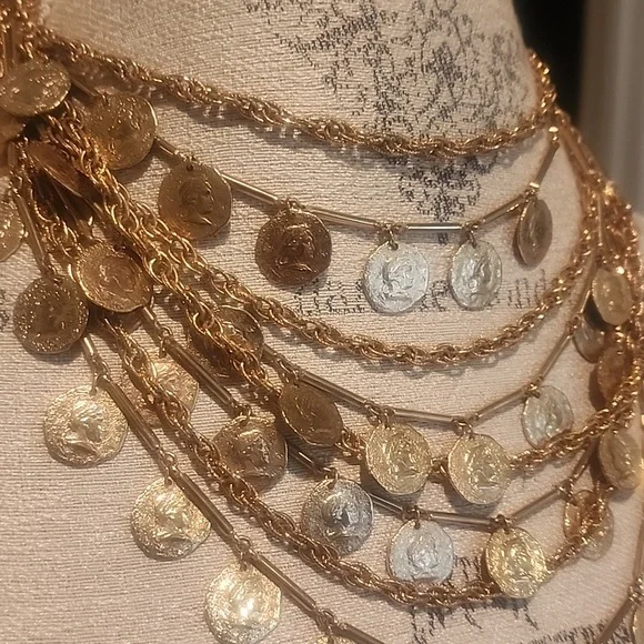 Vintage Multi Row Coins Chains Necklace Gold Tone Adjustable Length - Picture 5 of 6